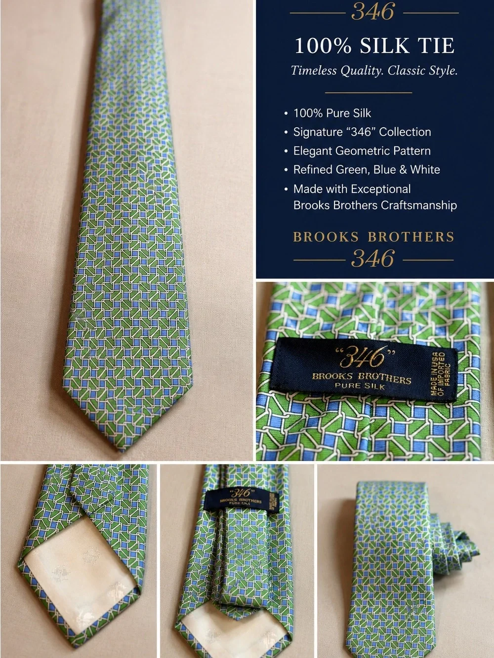 Brooks Brothers Green, Blue & White Geometric Silk Tie